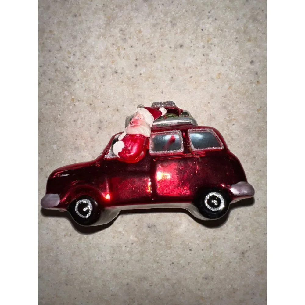 Santa Clause in Red Station Wagon Glass Handblown‎ Ornament
